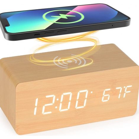Sveglia in legno con ricarica wireless - funzione termometro - sveglia digitale - caricabatterie wireless - compatibile con smartphone - adattatore incluso (1/2)