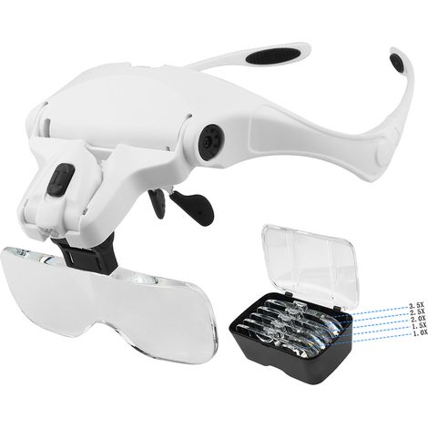 Lunettes Loupe avec 2 Lumières LED, Frontale Grossissantes Casque Loupe Mains Libres pour Couture, Lecture Réparations, Bijoux, Montres et Artisanat, 5 Lentilles Détachables (1.0X-3.5X) (1/4)