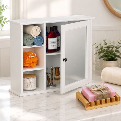 Juego de muebles de baño (2 piezas): jabonera de bambú y armario con espejo de 5 estantes en color blanco (1/5)
