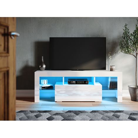 SONNI TV Schrank Weiß mit Klapptür TV Board LED Beleuchtung TV Lowboard Hochglanz Mit Glasfront 130x35x45cm (1/5)