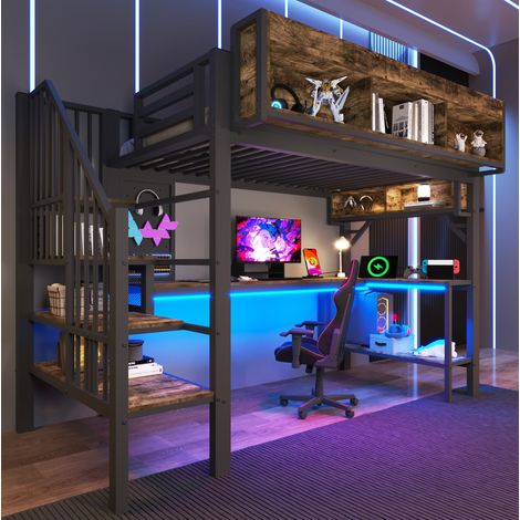 DESVIAE Lit mezzanine 90 x 200 cm avec bureau d angle rangement escalier armoire panneau perforé LED prises USB Type C noir vintage marron structure bois métal (1/5)