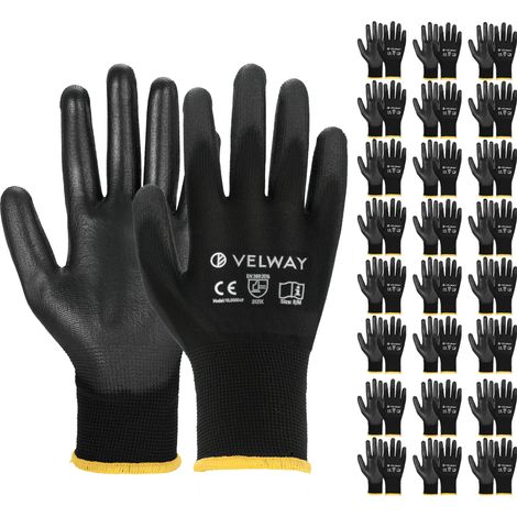 Velway Gants de Travail PU Noirs 24 Paires Taille 8