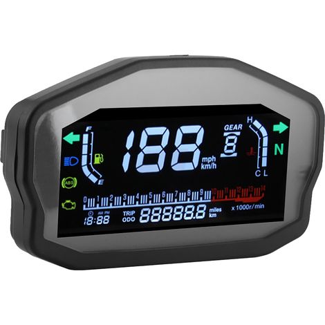 Compteur de vitesse Moto LCD avec Jauge de Carburant, Tableau de Bord Étanche pour Moteur 1/2/4 Cylindres, Éclairage LED Inclus (1/5)