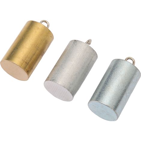Trois blocs de densité métallique : cylindres de cuivre, de fer et d'aluminium ensemble expérimental de cylindres métalliques. (1/5)