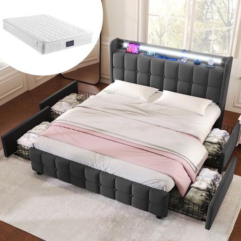 Lit rembourré avec fonction de chargement USB, tête de lit, éclairage LED et 4 tiroirs  lit double 140x200cm  cadre de lit coffre  sommier à lattes en bois  gris (avec matelas), garantie 2 ans