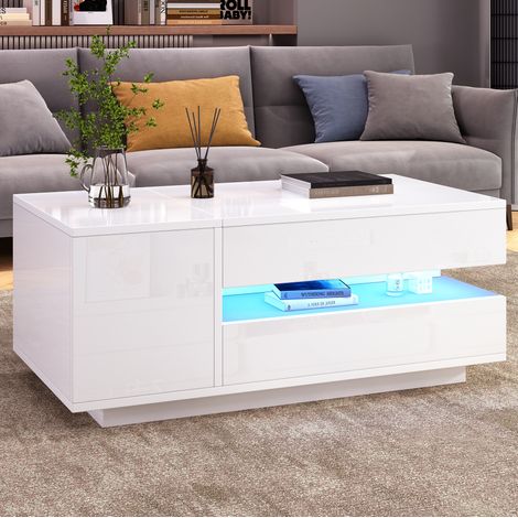 Table salon relevable rangement LED blanc 90 x 50 cm OKMYHOME (1/5)