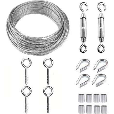 Kit câble inox 2mm 15m – avec tendeur M5 + crochets œil – gainé – pour plantes grimpantes / corde à linge / escalier (1/5)
