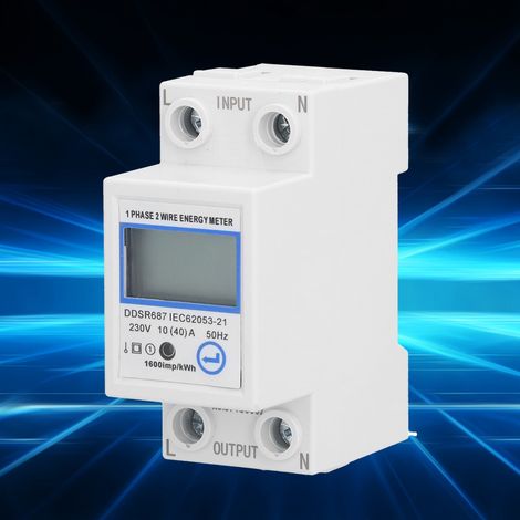 Compteur numérique monophasé 220 V sur rail DIN, pour usage domestique et locatif, petit compteur multifonctionnel (2P 10 A) avec affichage LCD et sans rétroéclairage. (1/5)