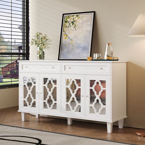 Madia bianca 140 cm - grande mobile contenitore moderno con 4 ante a specchio con rilievi geometrici e 2 grandi cassetti