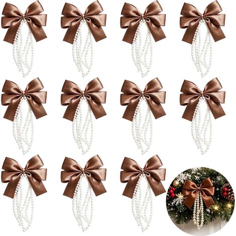 Décorations de Sapin de Noël 12 Pièces, Nœuds Décoratifs et Guirlande de Perles pour Arbre de Noël, Marron (1/5)