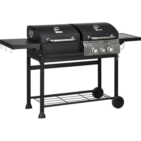 Barbecue à gaz, comprenant un thermomètre et une plaque isolante, dimensions : 161 x 54 x 103 cm, noir et argent. (1/5)