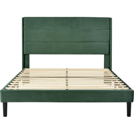 Lit capitonné 140 x 200 cm avec sommier à lattes, tête de lit en velours vert foncé (1/5)