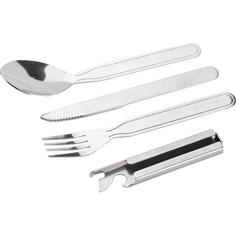 Lot de 4 couverts en acier inoxydable : fourchette, cuillère, couteau et décapsuleur pour camping et pique-nique (1/5)