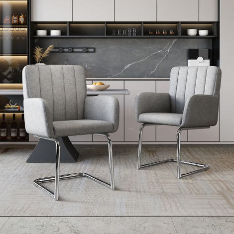 2er Set Esszimmerstühle mit vertikalen Streifen,Gepolsterter Sessel mit zickzackförmige Metallbeine,Lounge-Stuhl,Wohnzimmerstuhl,Kunstleder,grau(old sku:N634P203884G)