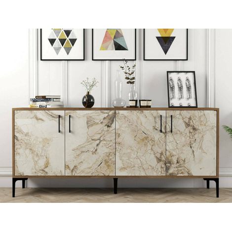 Dmora - Kommode Orionis, Wohnzimmerbuffet, Wohnzimmer-Sideboard, Moderne Küchen-Speisekammer, 180x35h78 cm, Nussbaum und Weißer Marmor, mit verstärkter Verpackung (1/5)