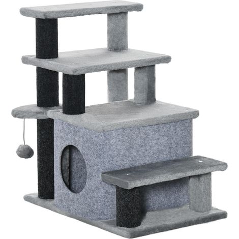 Escalier pour animaux, escalier pour chat 3/4 marche avec niche et balle de jeu, revêtement en peluche, panneaux de particules robustes pour chats