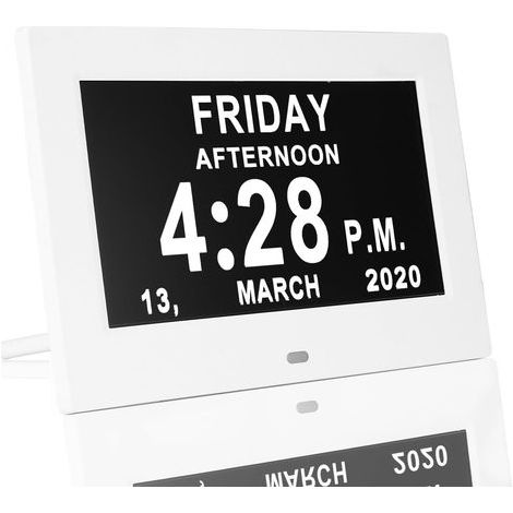 7" Pouce LCD Horloge Numérique Calendrier, Horloge Alzheimer avec Date Jour Et Heure, Auto Dimming, Affichage HD, Rappels Personnalisés pour Adultes et Enfants et Maladie d'Alzheimer (Blanc) (1/5)