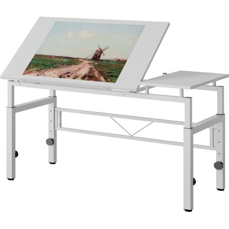 Bureau Droit Réglable en Hauteur et Plateau Inclinable, pour Bureau et Étude, MDF et Métal, Blanc, 127×66×10.5 cm (1/5)