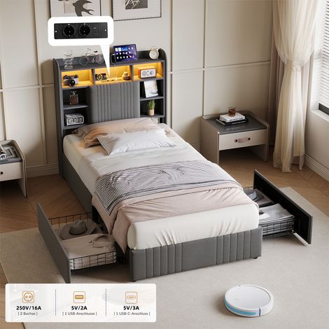 lit 90x200,lit 1 personne,Lit rembourré,Lit avec rangement et coussins en lin avec LED et compartiments de rangement,Gris (1/5)