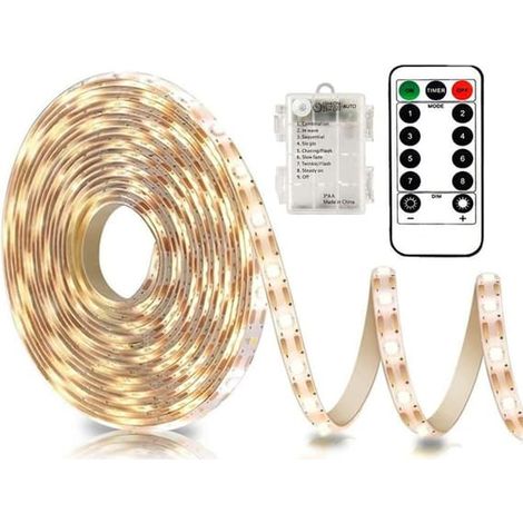 3m Battery Powered LED Strips with Remote Control, Waterproof, 8 Modes, Dimmable, Timer, Self-Adhesive Cuttable (Warm White) (1/4)