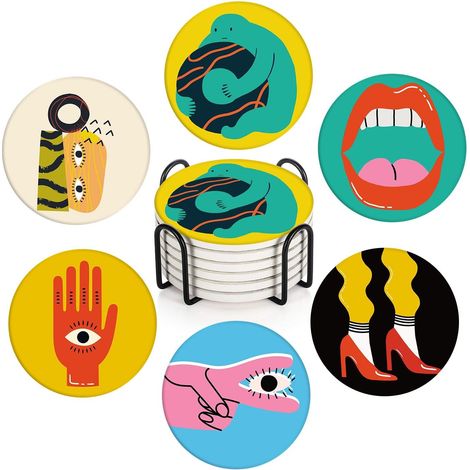 Lot de 6 Dessous de Verre pour Boissons, Mignon, drôle, Vintage, Musique rétro, géométrique, café, Tapis Rond en céramique, avec Base en liège et Support en métal, Cadeau pour Pendaison de (1/5)