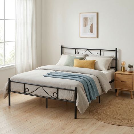 FurnitureR Double Metal Bed Frame 4FT6 Platform Bed with Steel Slats, Underbed Storage, Noise Free Heavy Duty Base, Suitable for 140x190CM Mattress, Black