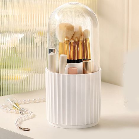 Porte-pinceaux de maquillage anti-poussière, rotatif à 360°, grande capacité, 5 compartiments, boîte de rangement pour maquillage à rayures, idéal pour la maison (1/5)