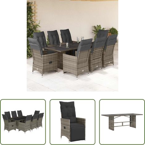 vidaXL Relaxsessel - 9-tlg. Garten-Bistro-Set mit Kissen Grau Poly Rattan (1/5)