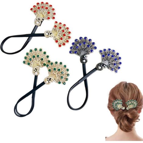 Ensemble de 3 pièces - Chignon Paon - Outil pour chignon banane - Coiffure facile et rapide - Vert, bleu, rouge - 35 cm - Convient pour un usage quotidien, les fêtes et les réunions (1/3)