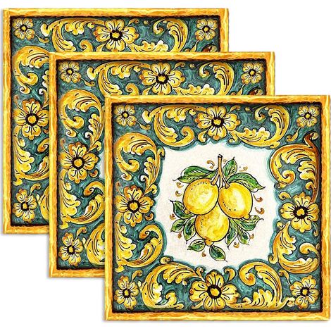 Lupia - Sottotutto decorato in Legno QUADRATO Sotto bicchiere, piatto, pentola LIMONI DI SICILIA 10x10 cm Set 3 pz