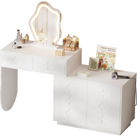 Tavolo da trucco con specchio LED, 3 tonalità luce, 2 cassetti e mobile, bianco 160x40x132 cm (1/5)