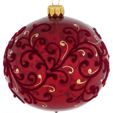 Pallina per albero di Natale in vetro rossa con motivi floreali dorate da 10 cm (1/4)