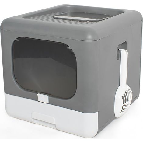 Bac à litière pour chat fermé PP inodore pliable anti-éclaboussures avec pelle 2 portes toilette pour fournitures pour animaux de compagnie gris