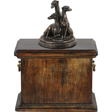 Urne funéraire pour lévrier anglais (Whippet), ornée d'une statuette, élégante urne de style classique signée Art-Dog. (1/5)