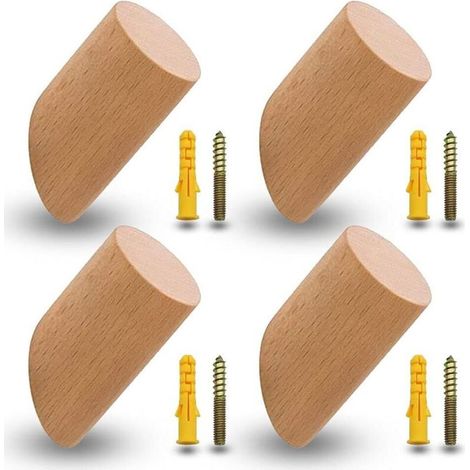Patères murales en hêtre massif – Lot de 4 crochets robustes (6 cm) avec vis et chevilles incluses – Idéal bureau, cuisine et entrée (1/5)