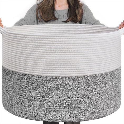 Panier à linge enfant 90L, grand panier de rangement en corde de coton, lavable, gris et blanc (1/5)