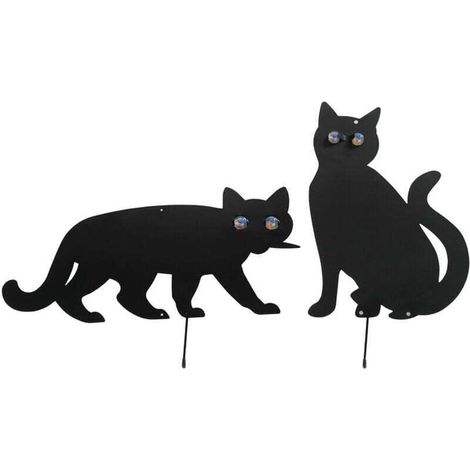 Epouvantail oiseau en forme de Chat, Epouvantail de jardin, éloigne les oiseaux indésirables du jardin, Lot de 2, Yeux Verre - Fer, 37x24 cm, Yeux multicolore - Noir