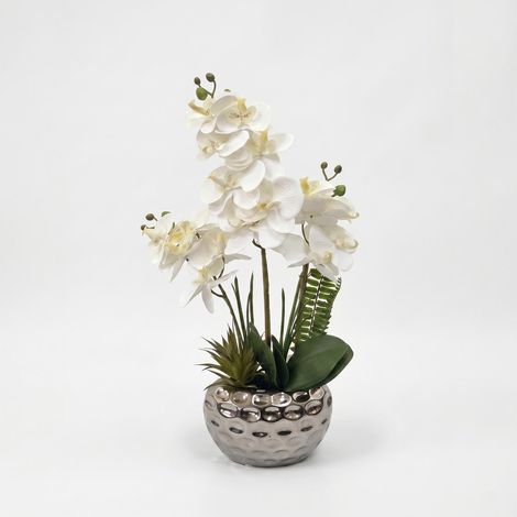 HOMESCAPES Artificial White Orchid in Silver Dappled Pot