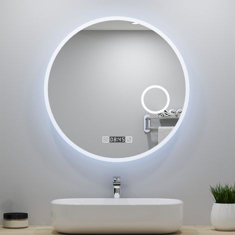 AICA Espejo redondo de baño LED,70x70cm,con tres colores,función antinieble,lupa y reloj,horizontal/vertical (1/5)