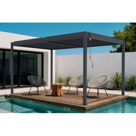 Cazeboo – Pergola bioclimatique autoportée 4x3m – Aluminium gris – Lames orientables – Résistance aux vents jusqu'à 60 km/h – Installation facile