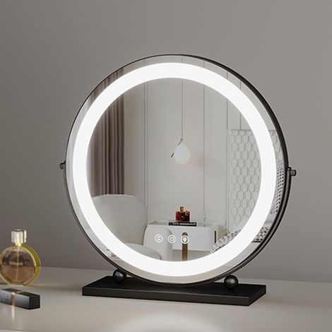 (Noir,33x25x12cm)Miroir De Maquillage À LED Rond, Miroir De Table Pivotant À 360 ° , Interrupteur À Écran Tactile, Luminosité Réglable, Miroir Chambre À Coucher Avec Éclairage, Pour Coiffeuse (1/5)
