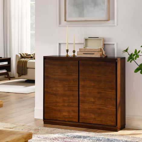 Buffet étroit 2 portes 99x23,5x82,3 cm,2 passages pour prises murales,grand rangement,MDF P2,effet noyer (1/5)