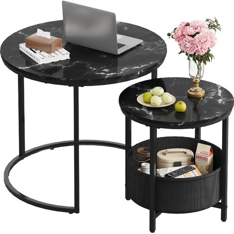 Table basse noire avec panier de rangement, 60 x 60 x 51 cm, plateau résistant, pieds réglables (1/5)