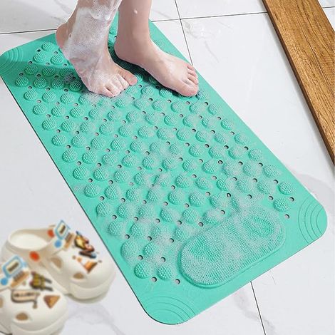 Tapis de bain vert avec trous de drainage et ventouses antidérapant bain,douche et baignoire tapis de douche (50x80cm pour massage des pieds) (1/5)