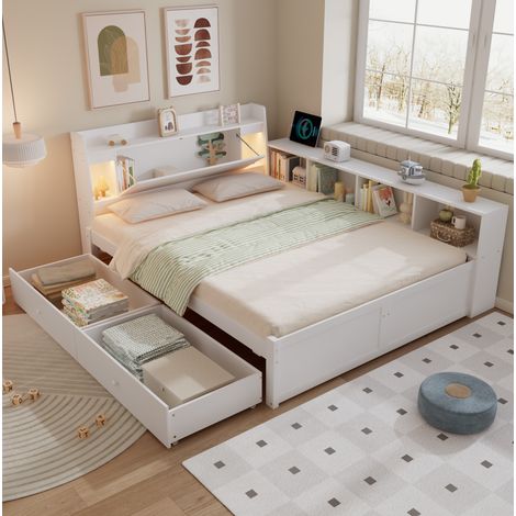 lit double adulte rangement 140x200 lampes bois blanc OKMYHOME (1/5)