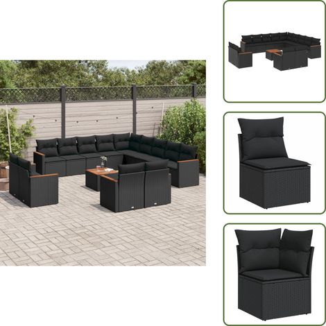 The Living Store Salon de jardin avec coussins 14 pcs noir résine tressée - Salon De Jardin - Mobilier De Jardin - Set Salon Extérieur - Résine Tressée - Rotin Synthétique (1/5)