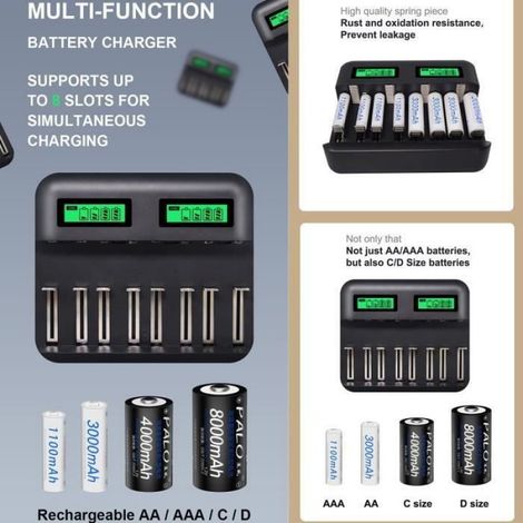 Chargeur De Piles - 8 Emplacements Pour Piles D C AA AAA - Écran LCD - Entrée USB 5V - 450 mA Par Slot (1/4)