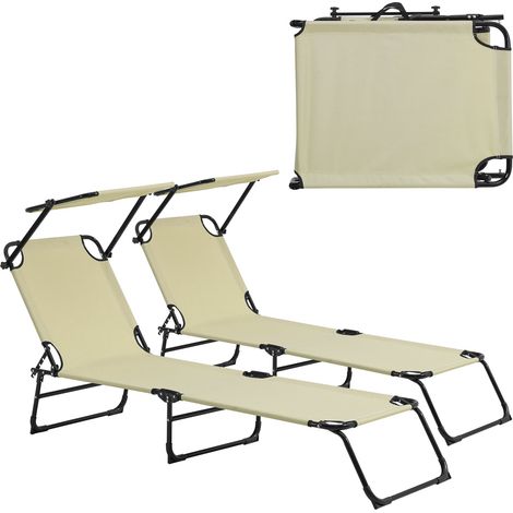 Lot de 2 transats pliable avec toiture pare soleil de relax acier 190 cm crème (1/4)