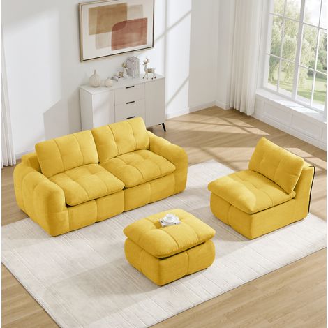 Modulares Ecksofa 264/160 cm aus gelbem Chenille mit Hocker, rahmenlos und montagefrei (1/5)