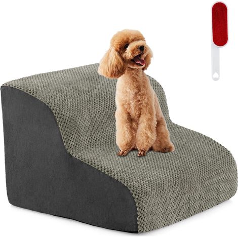 COSTWAY High-Density Foam Dog Ramp 2-Tier Pet Stairs w/Washable Cover-Grey (1/5)
